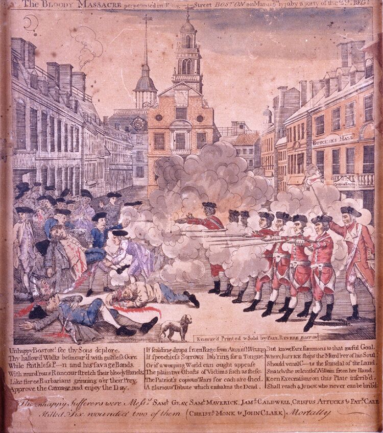 print of scene in front of the old state house. Line of British soldiers in red fire upon a crowd of people. Blood and smoke everywhere.